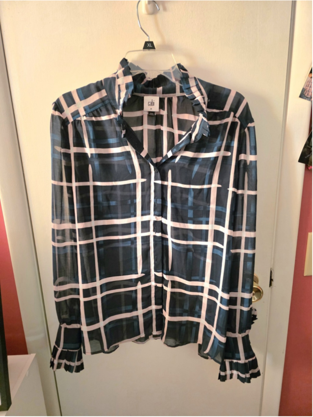 CAbi #3948 Cake Ruffle Blouse Green Pink Plaid w/Scarf Neck Tie Sheer Size M